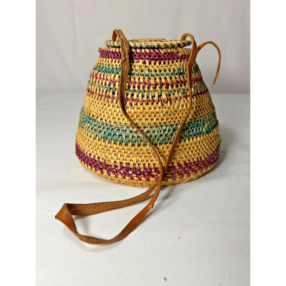 Vintage African Coiled Basket Purse Leather Straps Lidded Bolga Style Ghana